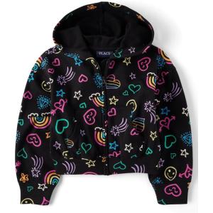 imageThe Childrens Place Girls Long Sleeve Active Hooded Fleece Full Zip UpRainbow Doodle
