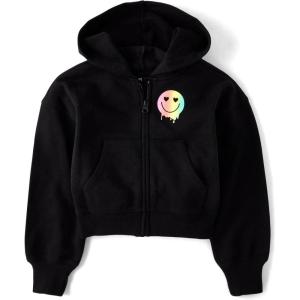 imageThe Childrens Place Girls Long Sleeve Cropped Hooded Zip UpBlack Happy Face
