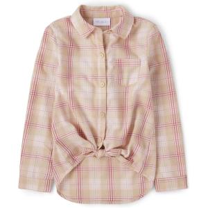 imageThe Childrens Place Girls Long Sleeve Twill Tie Front Button Down ShirtLatte Plaid