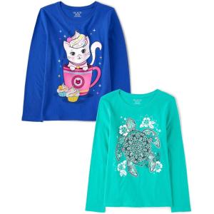 imageThe Childrens Place Girls Dino Long Sleeve Graphic TShirtsTurtleCat 2pack