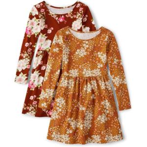 imageThe Childrens Place Girls 2 Pack Long Sleeve Fashion Skater DressCake Floralhoneycomb  Sm Paulina Floralhot Spice 2pack