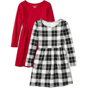 imageThe Childrens Place Girls 2 Pack Long Sleeve Fashion Skater DressPrinted Birch Plaidblacksimply White 2pack