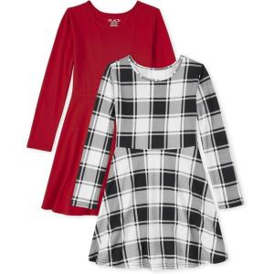 imageThe Childrens Place Girls 2 Pack Long Sleeve Fashion Skater DressRedBlack Plaid 2 Pack