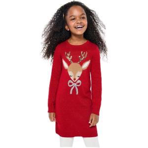 imageThe Childrens Place Girls Long Sleeve Sweater DressClassic Red Reindeer