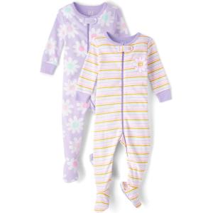 imageThe Childrens Place Baby Girls and Toddler Long Sleeve 100 Cotton ZipFront One Piece Footed PajamaPurple FloralPurple Stripes 2pack