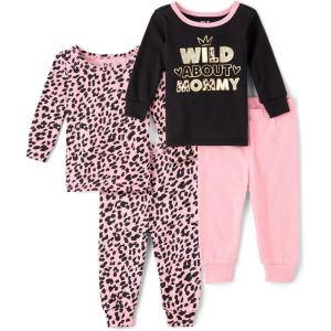 imageThe Childrens Place Baby Girls and Toddler Long Sleeve Top and Pants Snug Fit 100 Cotton 2 Piece Pajama SetWild About MommyLeopard 2pack