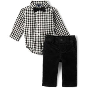 imageThe Childrens Place babyboys And Newborn Button Down Shirt and Pants 2 Piece OutfitBlack Check