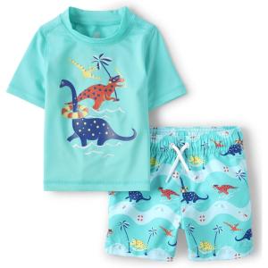 imageThe Childrens Place Baby Boys and Toddler Swim Trunk and Short Sleeve Rashguard 2Piece SetDino Beach Day