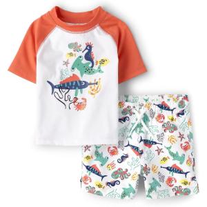 imageThe Childrens Place Baby Boys and Toddler Swim Trunk and Short Sleeve Rashguard 2Piece SetShark and Friends