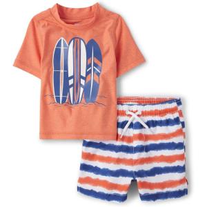 imageThe Childrens Place Baby Boys and Toddler Swim Trunk and Short Sleeve Rashguard 2Piece SetSurfboard Orange