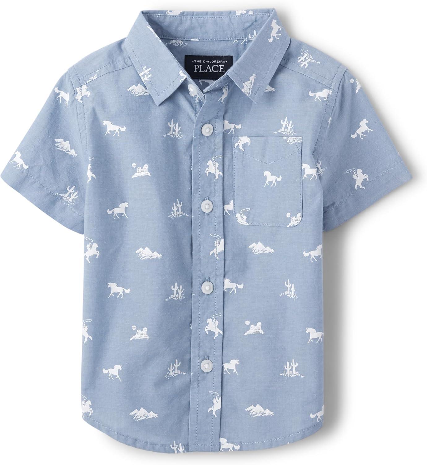 imageThe Childrens Place Boys and Toddler Short Sleeve Button Down ShirtBlue Riviera