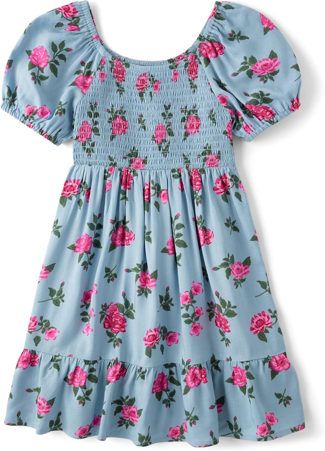 imageThe Childrens Place Girls Short Sleeve Smocked Summer DressesBlue Floral Smocked