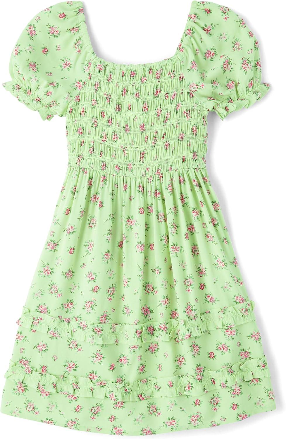 imageThe Childrens Place Girls Short Sleeve Smocked Summer DressesGreen Floral