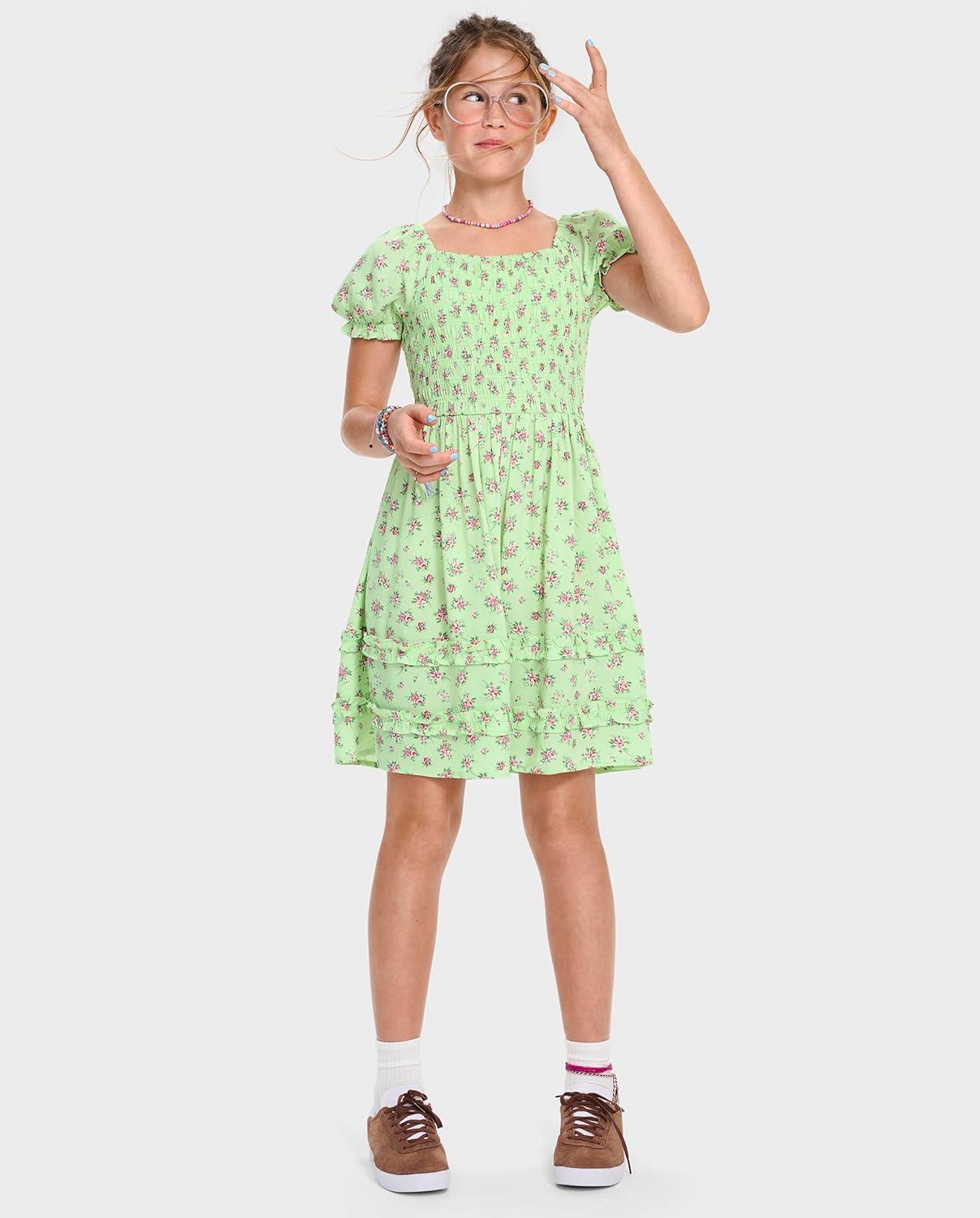 imageThe Childrens Place Girls Short Sleeve Smocked Summer DressesGreen Floral