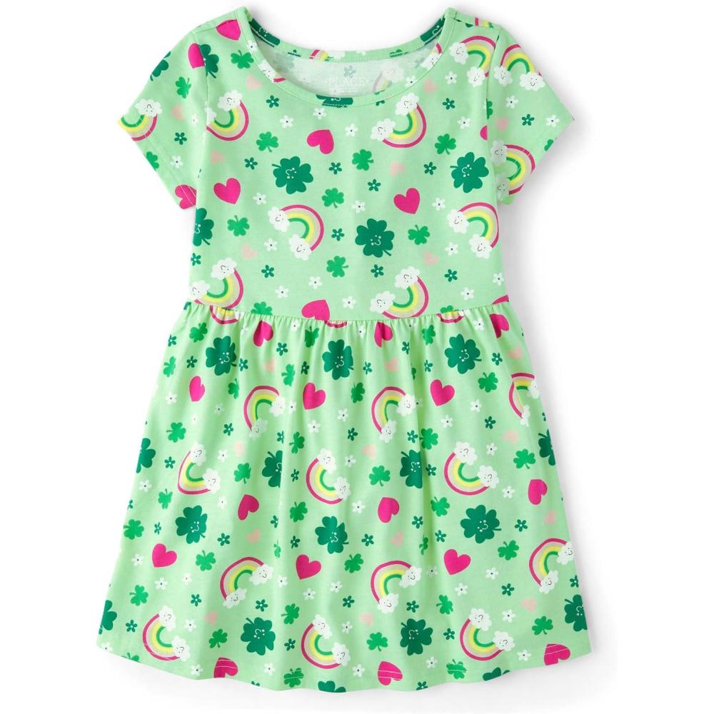 imageThe Childrens Place Girls Casual Everday Short Sleeve DressesSt Patricks Print
