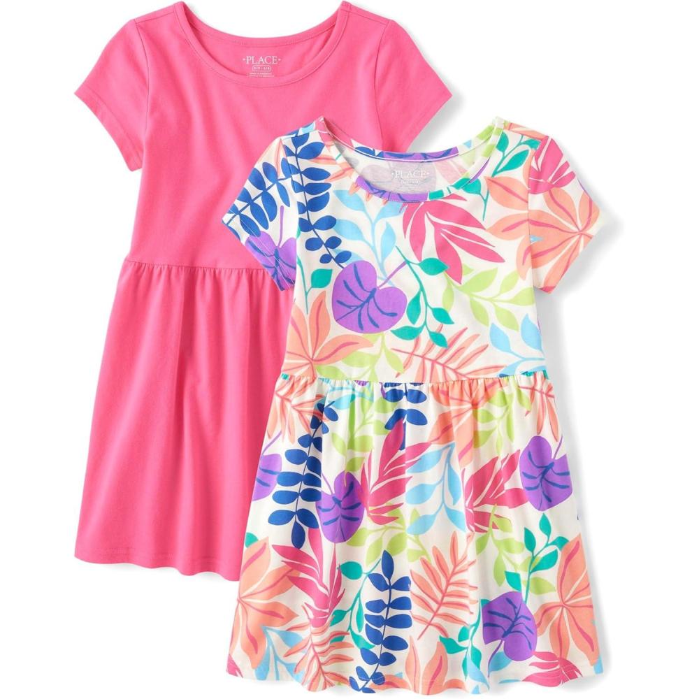 imageThe Childrens Place Girls Short Sleeve Casual Everyday DressesPink Tropic 2pack