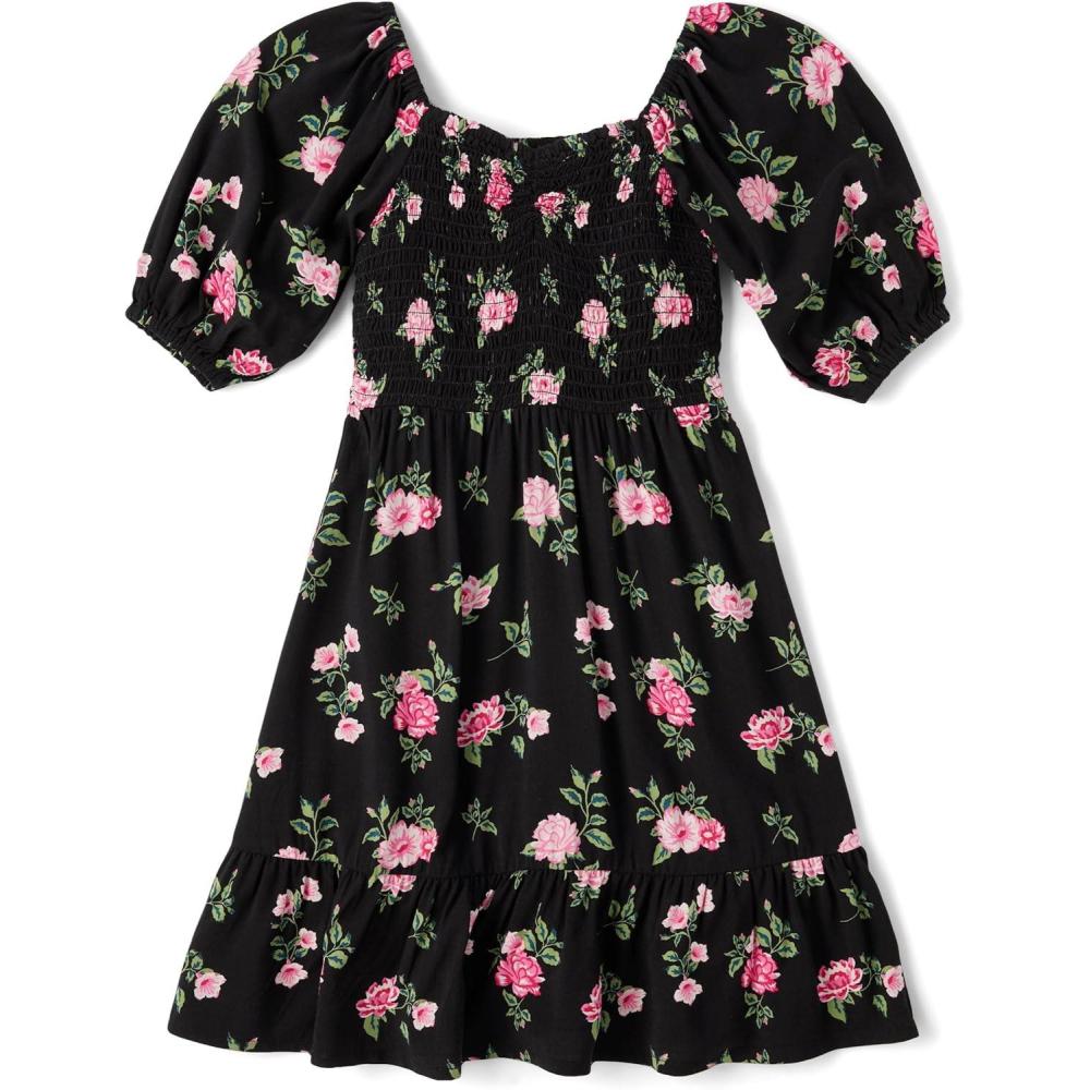 imageThe Childrens Place Girls Short Sleeve Smocked Summer DressesBlack Floral Smocked