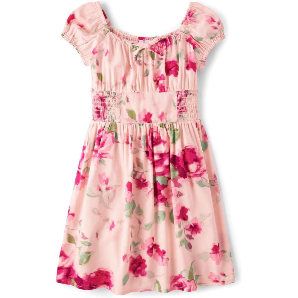 imageThe Childrens Place Girls Short Sleeve Smocked Summer DressesCrystal Pink Floral