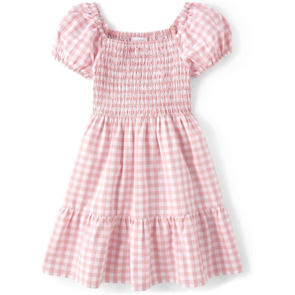 imageThe Childrens Place Girls Short Sleeve Smocked Summer DressesPink Gingham Puff Sleeve