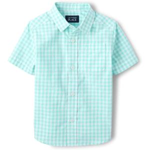 imageThe Childrens Place Boys and Toddler Short Sleeve Button Down ShirtMellow Aqua Plaid