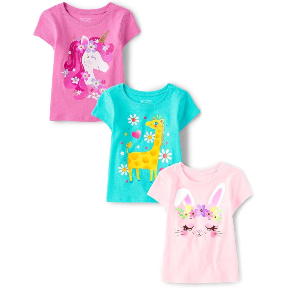 imageThe Childrens Place Toddler Girls Short Sleeve Multi Color Graphic TShirt 3 PackBunnyUnicornGiraffe 3pack