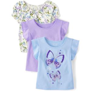imageThe Childrens Place Baby Girls and Toddler Short Sleeve Everyday Casual Knit ShirtCool Cobalt Flutter 3pack