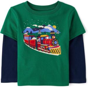 imageThe Childrens Place Baby Boys and Toddler Long Sleeve Everday Casual Knit ShirtHoliday Train 2fer