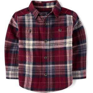 imageThe Childrens Place Baby Boys and Toddler Long Sleeve Plaid Flannel Button Up ShirtRedwood Plaid