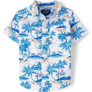 imageThe Childrens PlaceBaby Boysand Toddler Poplin Short Sleeve Button Down ShirtWhite Palm Tree Print12 Months18 Months
