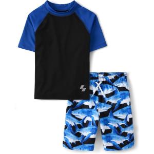 imageThe Childrens Place Boys Short Sleeve Rash Guard and Swim Trunk 2Piece SetBlue Sharks