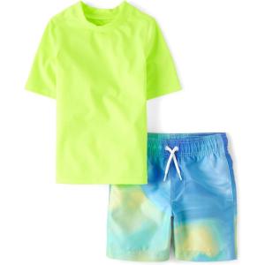 imageThe Childrens Place Boys Short Sleeve Rash Guard and Swim Trunk 2Piece SetBubbly Blue