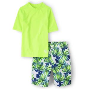 imageThe Childrens Place Boys Short Sleeve Rash Guard and Swim Trunk 2Piece SetGreen Palms