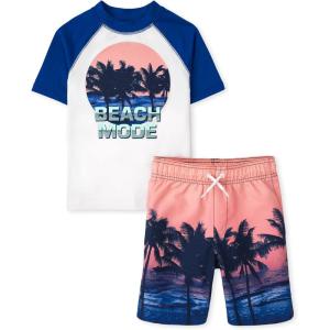 imageThe Childrens Place Boys Short Sleeve Rash Guard and Swim Trunk 2Piece SetQuench Blue