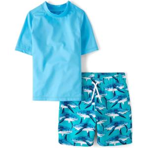imageThe Childrens Place Boys Short Sleeve Rash Guard and Swim Trunk 2Piece SetSea Sharks