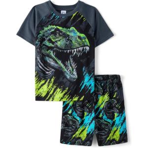 imageThe Childrens Place Boys Sleeve Top and Shorts2 Piece Pajama SetBlue Green Dino