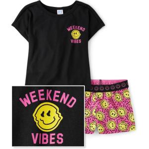 imageThe Childrens Place Girls Sleeve Top and Shorts2 Piece Pajama SetHappy Face Vibes