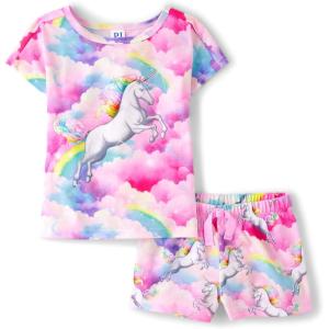 imageThe Childrens Place Girls Sleeve Top and Shorts2 Piece Pajama SetUnicorn Pink Neon