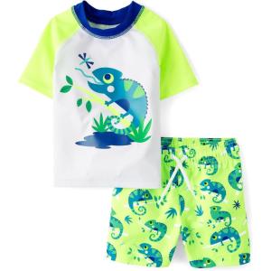 imageThe Childrens Place Boys and Toddler 2Piece Short Sleeve Rashguard and Swim TrunkNeon Lime