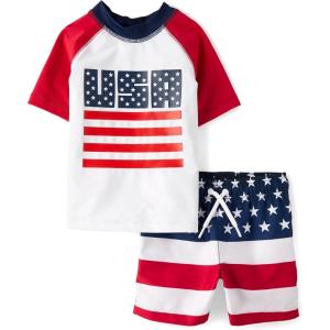 imageThe Childrens Place Boys and Toddler 2Piece Short Sleeve Rashguard and Swim TrunkUsa American Flag