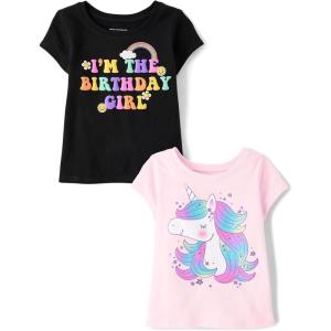 imageThe Childrens Place Baby and Toddler Girls Assorted Everyday Short Sleeve Graphic TShirts MultipackBirthday GirlUnicorn 2pack