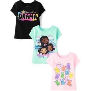 imageThe Childrens Place Baby and Toddler Girls Assorted Everyday Short Sleeve Graphic TShirts MultipackDramaGirl WordsGummy Bears 3pack