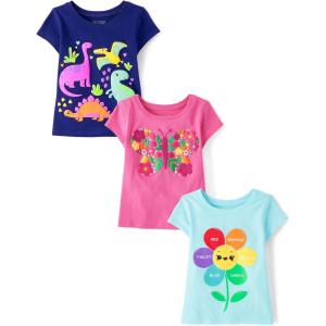 imageThe Childrens Place Baby and Toddler Girls Assorted Everyday Short Sleeve Graphic TShirts MultipackFlowersButterflyDinos 3pack