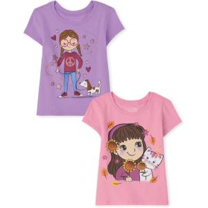 imageThe Childrens Place Baby and Toddler Girls Assorted Everyday Short Sleeve Graphic TShirts MultipackGirl DogGirl Cat 2pack