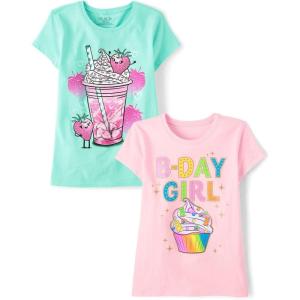 imageThe Childrens Place Girls Assorted Everyday Short Sleeve Graphic TShirts MultipackBirthday GirlHappy Kind 2pack