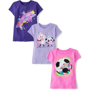 imageThe Childrens Place Girls Assorted Everyday Short Sleeve Graphic TShirts MultipackDolphinCat DonutSoccer 3pack