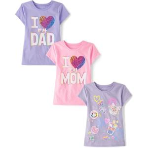imageThe Childrens Place Girls Assorted Everyday Short Sleeve Graphic TShirts MultipackDoodlesHeart MomHeart Dad 3pack