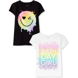 imageThe Childrens Place Girls Assorted Everyday Short Sleeve Graphic TShirts MultipackHappy FaceBday Girl 2pack