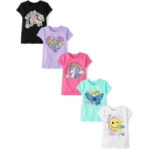 imageThe Childrens Place Girls Assorted Everyday Short Sleeve Graphic TShirts MultipackIcon Trends 5pack