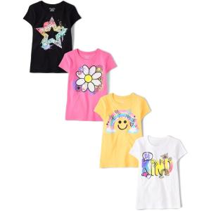 imageThe Childrens Place Girls Assorted Everyday Short Sleeve Graphic TShirts MultipackStar IconsFlowerHappy FaceKind 4pack