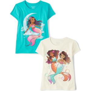imageThe Childrens Place Girls Assorted Everyday Short Sleeve Graphic TShirts MultipackWhite and Blue Mermaids 2pack